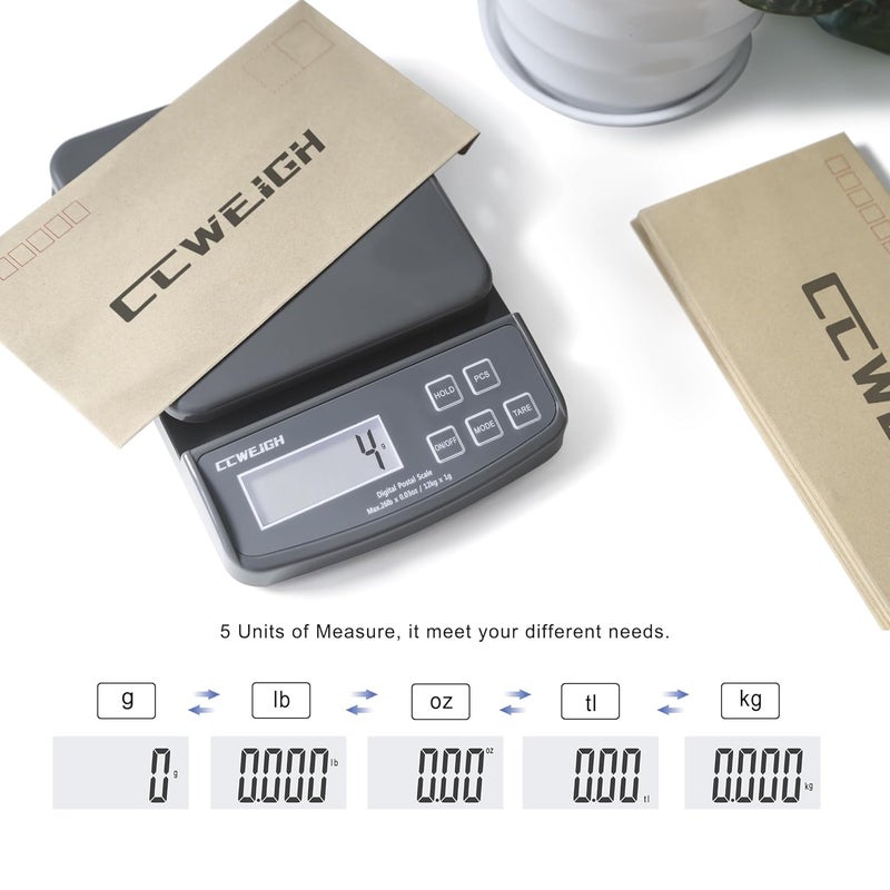 CCWEIGH Postal Scales 26lbs/0.03oz High Precision Food Scale for Kitchen with Hold,Tare and PCS,Portable Shipping Scale for Packages, Small Kitchen Business,Jewelry,Batteries Included （Grey26lbs/1kg） - Image 4